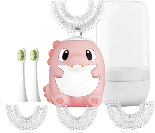 Vista 10 de Cepillo de dientes eléctrico en forma de U para niños, cepillo de dientes automático sónico de dinosaurio con 6 cabezales de cepillo, boca completa