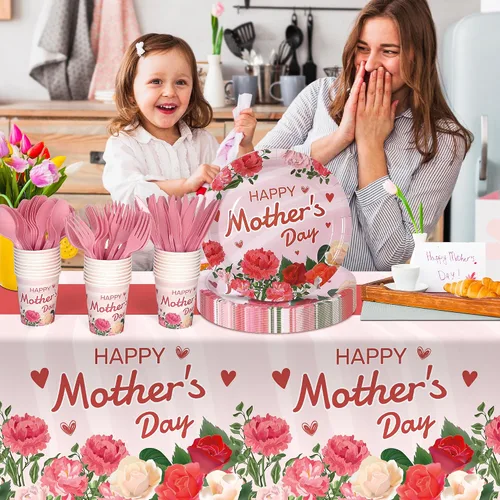 Vista 2 de Childom Decoraciones del Día de la Madre para fiestas, 132 platos desechables para el Día de la Madre, mantel, tazas, cuchillos, cucharas, tenedores