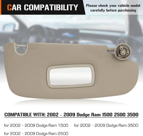 Vista 2 de Visera solar gris beige izquierda y derecha para Dodge Ram 1500 2500 3500 2002-2009, repuesto para parasol de automóvil para el lado del conductor
