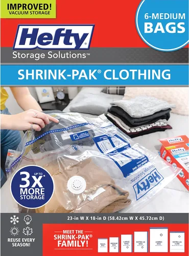 Vista 8 de Hefty Shrink-Pak - 4 bolsas grandes de almacenamiento al vacío para ropa, almohadas, toallas o mantas - Bolsas selladoras al vacío ahorradoras
