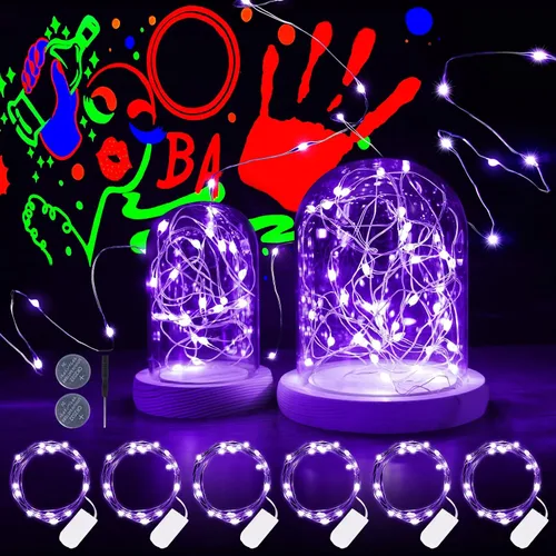 Vista 8 de OMIKA Paquete de 3 tiras de luces de batería de luz negra UV para interiores, 6.56 pies, 20 luces LED de alambre de cobre púrpura UV para Halloween
