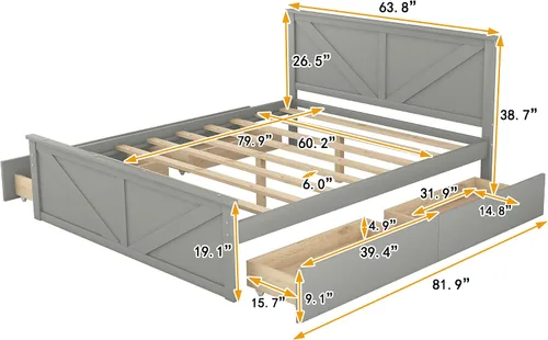 Vista 2 de Anwick Cama de plataforma de madera con 4 cajones de almacenamiento, base de cama de plataforma de madera maciza con cabecera y patas de apoyo