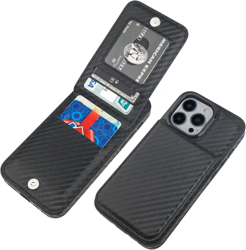 Vista 17 de KIHUWEY Funda tipo cartera para iPhone 13 Pro con soporte para tarjetas Negro