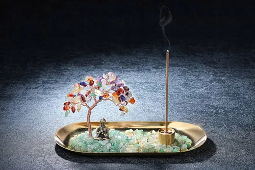 Vista 2 de Jovivi Soporte de incienso de cristal para palos, piedra de cristal curativo, árbol de dinero, juego de estatua de Buda, quemador de incienso