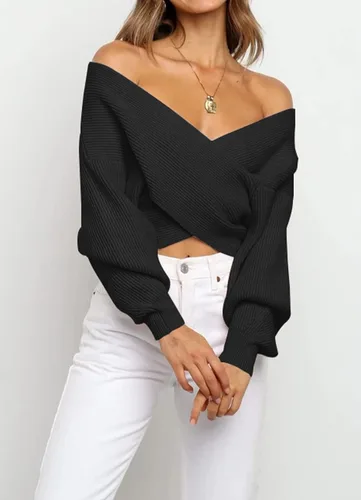 Vista 2 de BTFBM - Suéter casual para mujer con manga larga, cuello en V, frente cruzado, hombros descubiertos, dobladillo asimétrico, tejido de punto