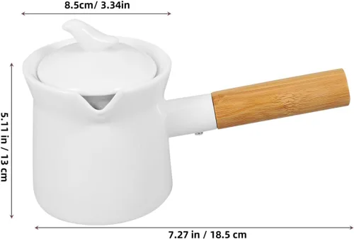 Vista 8 de Cabilock Crema de café de 11.8 fl oz de color blanco mini cafetera de cerámica con diseño de mango de madera para el hogar y la oficina