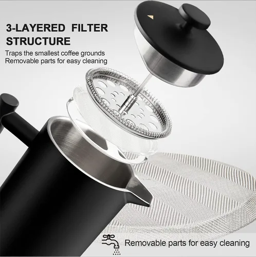 Vista 4 de Secura Cafetera de prensa francesa con filtro de acero inoxidable de 3 capas, 34 onzas, negro, diseño aislado de doble pared con 2 filtros