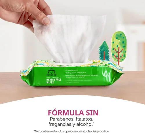 Vista 5 de Marca Amazon - Toallitas Mama Bear para manos y cara de bebé, sin perfume, 180 unidades (9 paquetes de 20)
