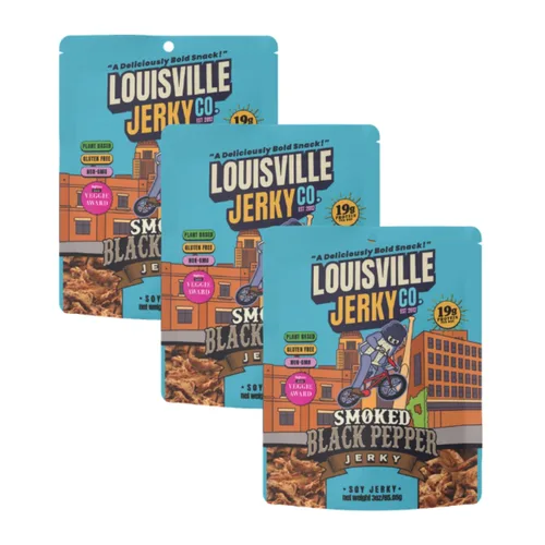 Vista 10 de Louisville Vegan Jerky - Carne vegana y vegetariana de pimienta negra ahumada, 0.67 oz de proteína de soja sin OMG, 310 calorías por bolsa