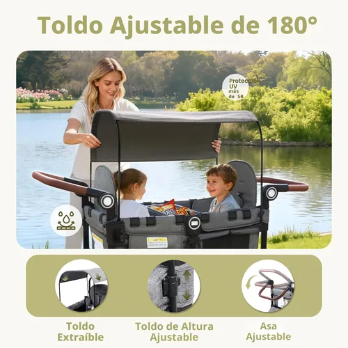Vista 2 de Kinder King Cochecito Wagon para 2 niños, ruedas que absorben los golpes Gris
