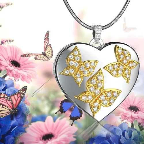 Vista 4 de Fanery sue Collar personalizado con medallón de corazón de mariposa, collares personalizados para mujer, regalos personalizados con foto y texto