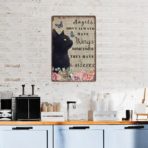 Vista 7 de Cartel de metal con diseño de gato negro con texto en inglés "Angels Don't Always Have Wings", póster de metal vintage de 8 x 12 pulgadas, letrero