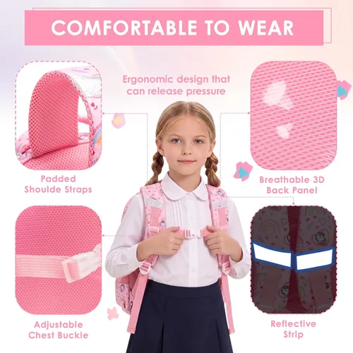 Vista 6 de Mochila para niñas de 5 a 8 años para jardín de infantes y escuela primaria Rosa