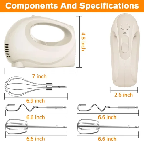 Vista 3 de Batidora de mano eléctrica portátil de 5 velocidades - Mezclador de cocina con 5 accesorios de acero inoxidable, batidor y batidor de alimentos