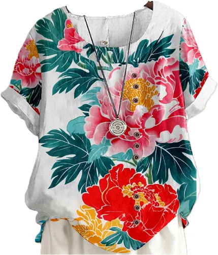 Vista 14 de domirica Camisetas de verano para mujer 2024 con estampado de flores, algodón, lino, manga corta, cuello redondo, camisas casuales de moda