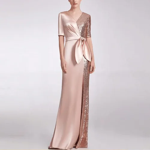 Vista 7 de na Vestido de noche largo de tela con costuras doradas de temperamento delgado para mujer, talla grande, lentejuelas delgadas para banquete