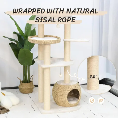 Vista 4 de KAMABOKO Árbol Moderno para Gatos, Torre de 53 pulgadas para Gatos de Interior, Postes Rascadores de Sisal Natural, Condominio Tejido a Mano