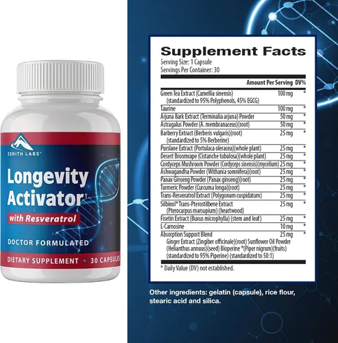 Vista 2 de Zenith Labs Suplemento dietético activador de la longevidad, antioxidantes naturales con resveratrol, apoya la función inmune y la memoria saludable