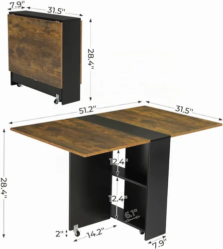 Vista 3 de Mesa de comedor plegable Tiptiper con 6 ruedas, mesa de cocina plegable con estante de almacenamiento de 2 capas, mesa de comedor que ahorra espacio