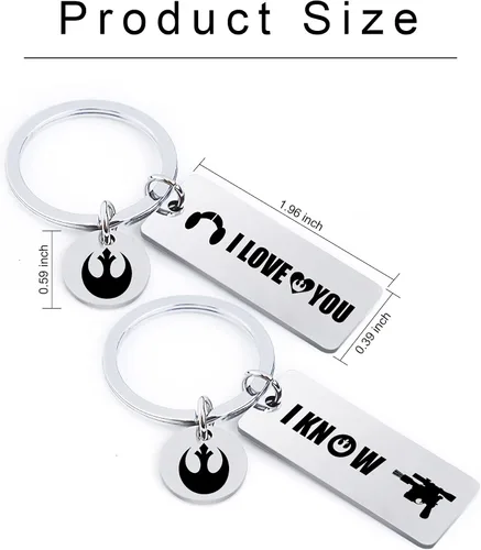 Vista 2 de Cualque Llavero de estrella con texto en inglés I Love You I Know 2 unidades llavero de Han y Leia Wars juego de regalos para parejas para novios