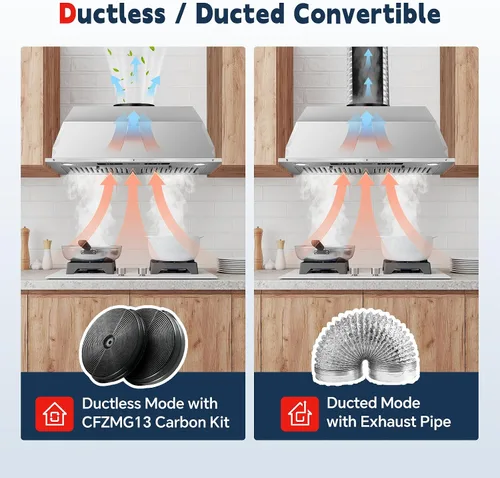 Vista 7 de Campana de Ventilación Integrada de 30 Pulgadas, Campana de Rango con Conductos/Sin Conductos con Detección de Gestos y Control Táctil, Campana