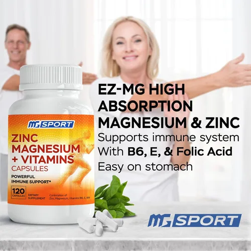 Vista 3 de MgSport ZMA Suplemento con zinc y magnesio clínicamente probado para alta absorción - Mejorado con vitaminas B6 B9 para la recuperación muscular