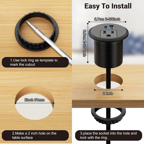Vista 6 de Ojal de alimentación de escritorio de 2 pulgadas USB C PD de 20 W, enchufe de regleta de alimentación empotrada con enchufes de CA y 2 puertos