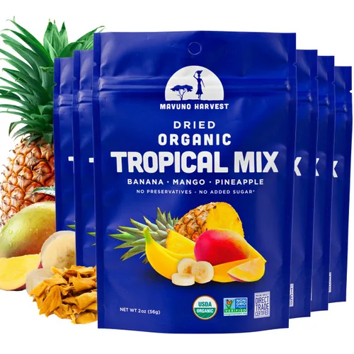 Vista 24 de Mavuno Harvest Paquete variado de frutas secas orgánicas, mango seco, papaya, piña, plátano, yaca y mezcla tropical, saludable, vegano, sin azúcar