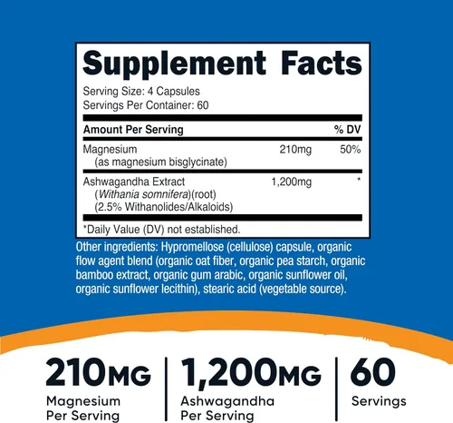 Vista 2 de Nutricost Suplemento de magnesio + Ashwagandha (1410 mg) 240 cápsulas - 210 mg de magnesio, 1,200 mg de Ashwagandha, vegano, 60 porciones