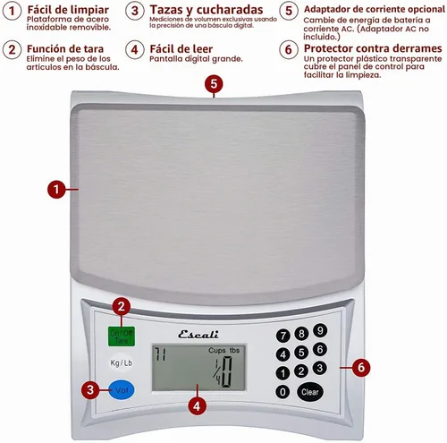 Vista 2 de Escali Pana V136 - Báscula de medición de gran volumen para cocina/hornear/cocinar, preprogramada con más de 150 ingredientes, pantalla digital LCD