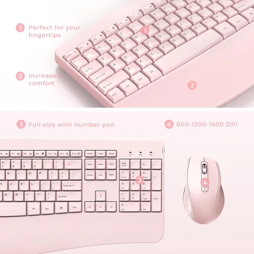 Vista 4 de Teclado y mouse inalámbricos, teclado ergonómico de tamaño completo con reposamuñecas de palma, mouse ergonómico inalámbrico para computadoras