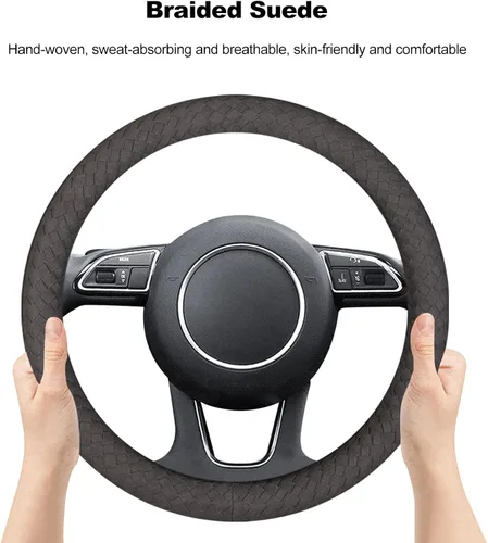 Vista 5 de Ergocar Funda trenzada para volante, de microfibra, de forma redonda, para invierno, cálido, deportivo, protector para volante de automóvil Negro