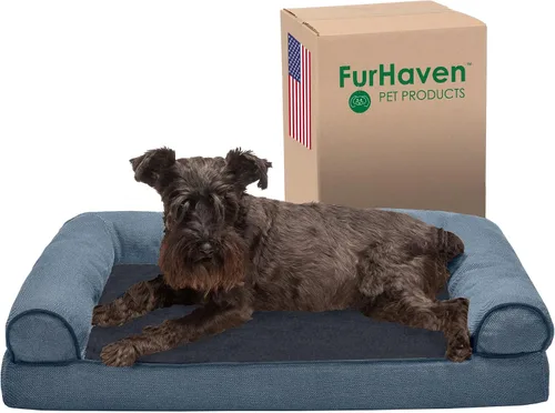 Vista 29 de Furhaven Cama para perro, de espuma viscoelástica, estilo sofá, Sherpa y chenilla, crema, M