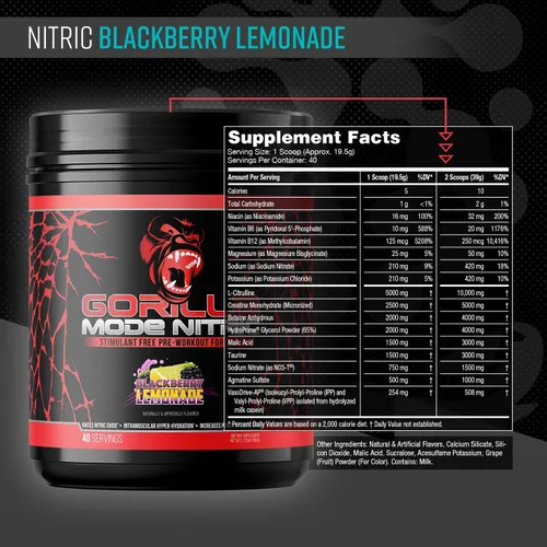 Vista 2 de Gorilla Mode Nitric mejorado sin estimulantes antes del entrenamiento – Mejor sabor y más eficaz sin estimulantes antes del entrenamiento/bomba