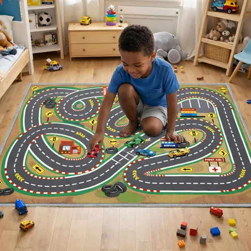 Vista 5 de Alfombra de juego para niños de 31 x 47 pulgadas, suave y antideslizante, alfombra de coche de mapa, alfombra para niños, autos de juguete, pista