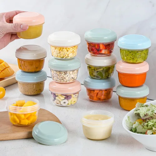 Vista 7 de Paquete de 8 recipientes de plástico reutilizables con tapas, recipientes pequeños de 4 onzas para aperitivos, puré, aderezo y congelador, aptos