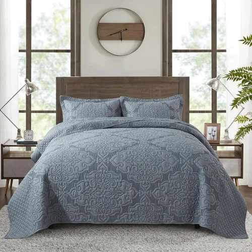 Vista 27 de NEWLAKE - Juego de cubrecama reversible de microfibra bordada con patrón floral en relieve en jacquard beige, tamaño queen