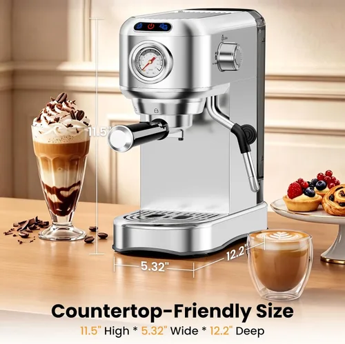 Vista 10 de Máquina de café espresso de 20 bares, cafetera compacta con espumador de leche, cafetera de acero inoxidable con tanque de agua extraíble de 34