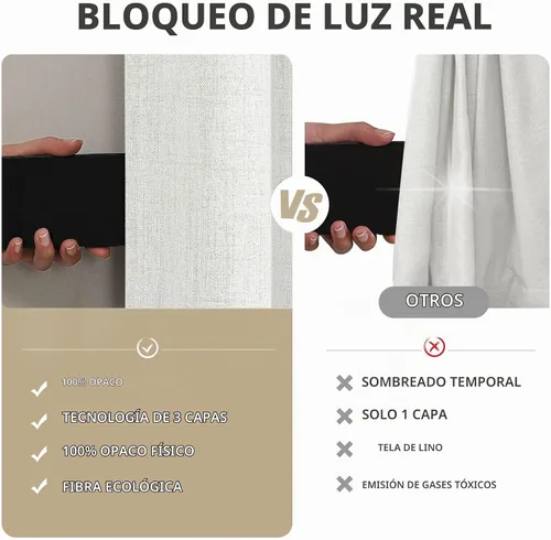 Vista 5 de Joydeco - Cortinas 100% opacas, 2 paneles de lino natural para oscurecer habitación, aislamiento térmico, trabillas traseras y bolsillo para barra