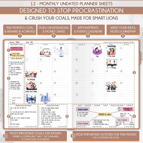 Vista 5 de Agenda por horas: agenda diaria, semanal y mensual sin fecha con sección de presupuesto, un viaje de 12 meses para aumentar la productividad
