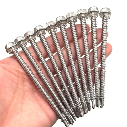 Vista 6 de Tornillos autoperforantes de cabeza hexagonal de arandela #14 x4 (1" a 4-7/8" disponibles), acero inoxidable 410, tornillos Tek de chapa