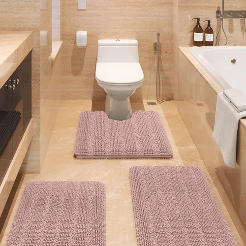 Vista 65 de ACCUMTEK - Juego de alfombras de baño a rayas beige de 3 piezas, ultrasuaves, antideslizantes de chenilla, alfombras de baño mullidas y absorbentes