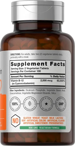 Vista 2 de Horbäach Vitamina B12 de 2000 mcg 200 tabletas Suplemento vegetariano Sin OMG y sin gluten