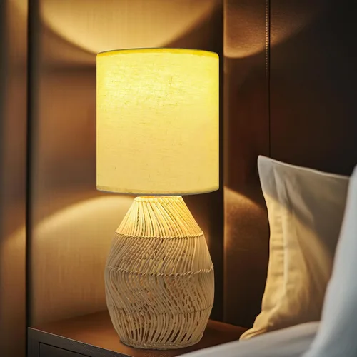 Vista 6 de Lámpara de mesita de noche estilo Boho de ratán - Lámpara tejida de bambú hecha a mano con 3 temperaturas de color para mesita de noche y sala