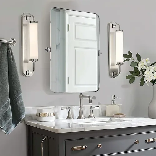 Vista 22 de Espejo giratorio Moon Mirror de oro cepillado, espejo inclinable de latón para tocador rectangular para baño, medidas totales 24.33 x 28 pulgadas