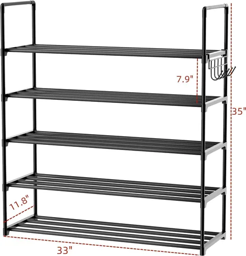 Vista 3 de Organizador de zapatos de metal, zapatero de 5 niveles con ganchos, se adapta a 20-25 pares, estante de zapatos ajustable para entrada, pasillo