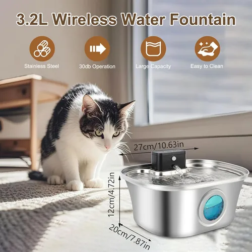 Vista 3 de Fuente de agua inalámbrica para gatos, acero inoxidable, dispensador de agua grande de 3.2 L para perros con boquilla, alimentador automático
