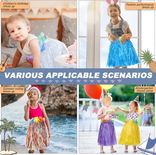 Vista 6 de 30 faldas Luau Hula de hierba hawaiana para fiesta hawaiana, faldas cortas de baile coloridas para niñas, jardín de infantes, actuaciones de verano