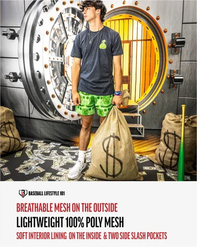 Vista 6 de Baseball Lifestyle 101 Pantalones cortos de malla Bag Chaser para niño con bolsillos laterales y cintura elástica, entrepierna de 5 pulgadas, tallas