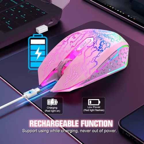 Vista 5 de VersionTECH. Ratón inalámbrico para juegos, mouse de computadora recargable con 7 luces LED, 6 botones programables, receptor nano USB de 2.4 G, 3